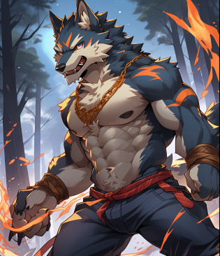 Furry muscular werewolf male wearing only pants, furry art, muscle werewolf, high resolution committee, full body committee, delicate eyes, pupil color is orange-gold, furry color black, furry anime, fluffy art council, furry fleurna, gorgeous werewolf flsona, furry, one-handed waist, furry art, expression fierce, tsundere, 1boy, a long furry wolf tail with fangs in the mouth, staring at the screen, sharp claws, two legs, standing on both feet, the human wolf, as a character in Iron Fist, Flsona art, background, forest path