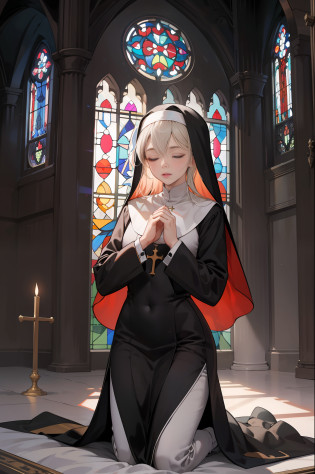 ?best qulity?master-piece?1.4???photorealestic?1.2???photorealestic?1.2???absurdities?1.2??4K?detailded?hyper�detailed?Digital art of?Detailed face?church?inside room?stained glass colored?Mature women?Huge?1.3?Nun dress?Close your eyes?Kneeling ?praying?Cross your hands over your chest,