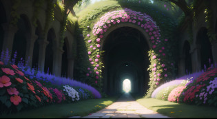 magical garden and a tunnel of a beautiful flowerly decorated tunnel of arbor giving a sense of depth to the scene, Digital Painting style, the garden is surrounded by surreal hedgegrow, Pleasing colors, Colors must be vibrant, the tunnel is bright and include glowing  light lamps