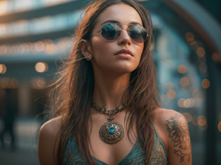 A very realistic and very detailed portrait of a beautiful German woman wearing sunglasses in the future city of Berlin , ((full-body:1.2)) , The outfit is engraved with German shield plates , long��hair, Hand and body tattoos, Fashion pose, Beautiful hazel eyes symmetrical detailed, detailed gorgeous face, Perfect Full Body , Advanced German environment , Integration of German civilization with the technology of the future , Symbols expressing this civilization in the background , outstanding detail, 30 MP, 4k, ?????? ????? EOS 5D Mark IV ??????? SLR, 85mm lens, sharp focus, intricately detailed, Long exposure time, f/8, ISO 100, shutter speed 1/125, Diffused backlight, ((award winning photograph)) , facing camera, looking into the camera, Monovision, Perfect contrast, high sharpness, facial symmetry, Depth-of-field, ultra-detailed photography, Raitsar, global illumination, Tanvertamim, downy, Ultra-High Definition, 8k, unreal engine 5, Ultra-sharp focus, award-winning photograph, trending on Artstation