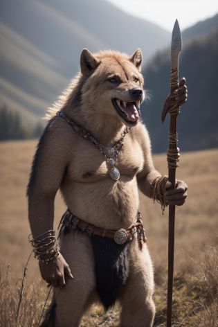 masterpiece:1.2, best quality, absurdres, hills, morning, grass, sun, 1boy,  gnoll:1.2, solo, looking at viewer, weapon, loin cloth, jewelry, necklace, blurry, blurry background, holding spear, full body teeth, open mouth, tongue, realistic:1.3, facing viewer,  <lora:RPGGnoll:0.7>