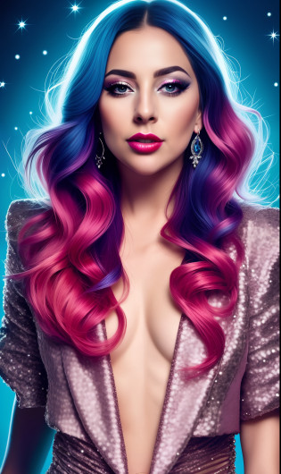 Lady GaGa con traje de super heroina brillante neon,fondo de estrellas,textura 4K, cabello largo, calidad alta, peinado extravagante, Original album cover, imagen 8k, futurista, alta calidad de imagen, en la noche, accesorios en el cabello, imagen 8k, rostro realista en alta calidad, cuerpo completo, diferentes poses corporales, alta calidad en el rostro, rasgos definidos,HD, rostro realista y definido 4k