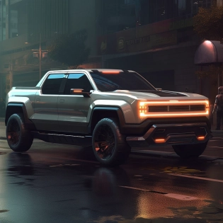 2077 cyberpunk, silverado, truck, pick up, concept, future, in the style of syd mead