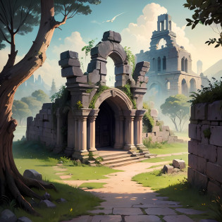 painting of a path leading to a stone building in a park, arte de fundo, arte de fundo, Fundo representando um templo, ancient ruins background, ancient ruins in the forest, Fundo do jardim real, background are the ruins, a beautiful artwork illustration, pintura digital altamente detalhada, environment design illustration, arte de fundo do anime, Fundo do templo, scenery game concept art, fundo do parque --auto --s2