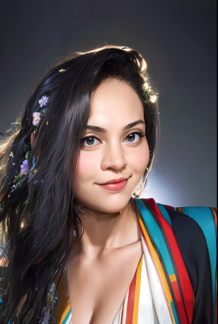 8K wallpaper, there is a woman with long black hair posing for a photo, selfie of a young woman, of N�ndor Katona, headshot profile photo, of Amelia Pel�ez, of Maria Helena Vieira da Silva, inspired by Maria Helena Vieira da Silva, half body headshot, with a flowing smile, ayahausca, no makeup wavy hair, flowers in the hair,  detailed eyes, flowers