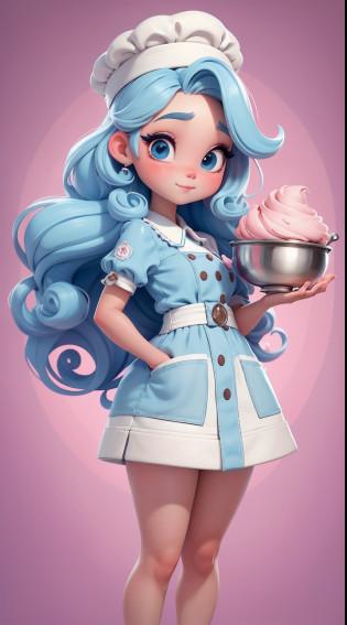 Create a series of chibi-style dolls with a cute pastry chef theme, each with lots of detail and in an 8K resolution. All dolls should follow the same solid background pattern and be complete in the image, mostrando o (corpo inteiro, incluindo as pernas: 1.5)

Boneca Mini Chef: Chame-a de Sophie. Ela deve ter cabelo curto e liso em tom de rosa ou azul pastel. Seus olhos devem ser grandes e expressivos, with long eyelashes and rosy cheeks. Sophie deve estar vestida com uma jaqueta de chef, striped pants and an ornate chef's hat. She should hold a wooden spoon in one hand and a bowl of cookie dough in the other. Certifique-se de adicionar detalhes nas roupas, such as buttons and pockets, sapato bonito

Certifique-se de adicionar sombras, texturas e detalhes nos cabelos, roupas, confectionery utensils and sweets from each doll, to make them even more adorable and charming.