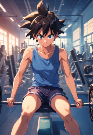 a T-shirt illustration of Songoku working out intensely in a gym