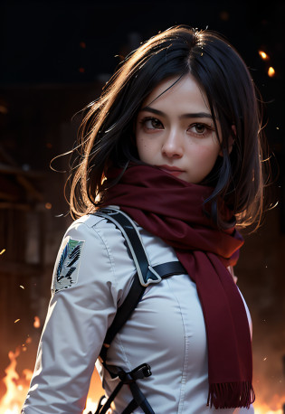 Imagem de Mikasa Ackeman de ((corpo inteiro))?Red scarf on neck, capa verde musgo, Reconnaissance Division Neck Uniform, seios grandes, corpo definido, guerreira, de frente (segurando uma espada), segurando sua espada, Destroyed city background and flames, zoom em seus olhos que reflete o fogo que queima sua casa, Mikasa is in a burning village at night, Smoke and fire particles in the air?(1girl em)?(realisitic)?(fotorrealista:1.5)?Batomornsardas?cabelos pretos, 8k UHD?(filmgrain) extremamente delicado e bonito?8k, alta qualidade?alta resolu��o, clear?ighly detalhado?((Durante a noite))?(brilho do fogo refletido no rosto)?belos olhos detalhados? olhos e rosto extremamente detalhados?obra prima?(lighting like a movie)?(pele de alto detalhe:1.2)?8k UHD?Digital SLR?a strong illumination of fire?alta qualidade?filmgrain?obra prima, qualidade superior, alta qualidade, alta resolu��o