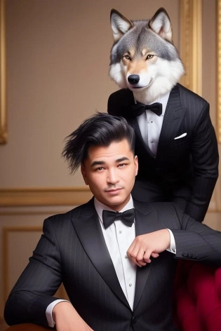 Millionaire with a photorealistic Wolf's head:: 2 poses in pinstripe suit, in a Manhattan elite club, wealthy portraiture, anthropomorphic animals:: 1. 8 unsplash, satirical humor, in the style of corporate punk, wealthy portraiture, mcdonaldpunk