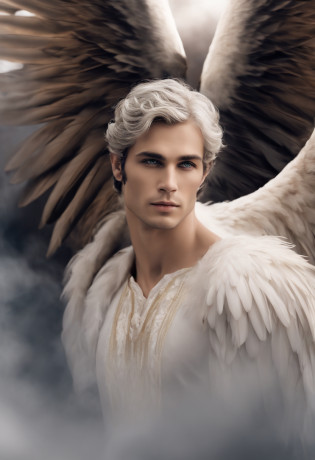 Anjo, masculine-looking, olhos flamejantes, three pairs of white wings,
