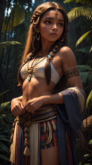 ((altamente detalhado)), ((alta qualidade)), ((master part)), 1 Jovem, BRAZILIAN INDIGENOUS, Indigenous characteristics, olhos castanho escuro, pele morena bronzeada, cabelo longo, cabelo liso, cabelo caido sobre os ombros, She is wearing traditional indigenous dress, parte de cima feita de folha, pele de animais e penas de aves, she is looking to up, His face conveys a sense of accomplishment, Defined muscles,corpo inteiro, cinematiclight, Fundo: Mystic Forest at night