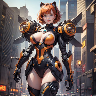 ((masterpiece, best quality;1.3)), ultra detailed, 8k unity wallpapers, CG, illustration, colorful, cinematic shadow, extremely detailed and beautiful background,vhd, shadering VRay,RTX,(realistic:1.5),cyberpunk,(exoskeleton:1.2),mecha musume,masterpiece,best quality,official art,extremely detailed CG unity 8k wallpaper, orange mecha,seductive smile, glowing light,exoskeleton, armored leotard, solo, night,crossed bangs, brown eyes, huge breasts, (1girl:1.5),cityscape, thigh strap, short hair,orange hair, circle robot ears, light particles,floating hair,