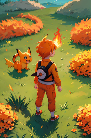pokemon is standing in a grassy field with a fire in its hand, digital art by Josetsu, pixabay, digital art, charmander, real life charmander, fire type, charizard, illustration pokemon, similar to pokemon, pokemon anime style, style of cute pokemon, fire red, for pokemon red and blue, style of pokemon