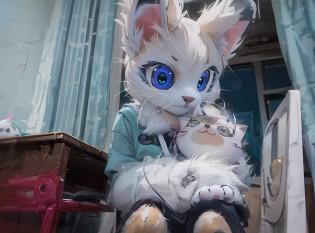 Alafi sat in his chair?There is a stuffed toy in front of the window, cat furry, fur set, furry paws furry, furry anime, Furry character, Fully robotic!! cat, fur set!!!!, furry fursona, Fully robotic!! Cat woman, cute furry needs your help, realistic cloth puppet, plushies, realistic anime cat, POV furry art?Wearing black silk?Chest bulge