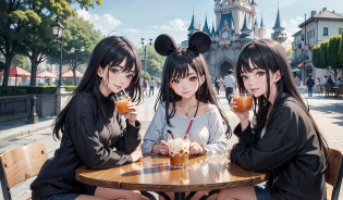Three women sitting at a table with a drink in front of the castle, Disney land, Disney land, by disney!!, Disney Disney, The background is Disneyland Castle, Drink, Lifestyle, colored milk tea, trending ?, disney and kyoto animation, postprocessed), taken in 2022, 3delight, photograph taken in 2 0 2 0?top-quality?Spring clothes?ribbon earrings?A smile