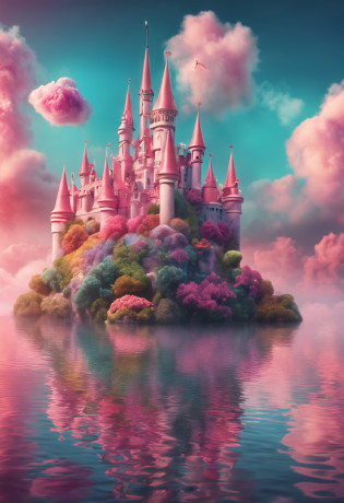 castle on the cloud, multi colors cuttoncandy cloud, in fairyland, dreamy and romantic, dreamy atmosphere and drama, very magical and dreamy, dreamy scenes, on cloud, Heaven, in the clouds fairyland, magical dream-like atmosphere, Dreamy and ethereal, still from a music video