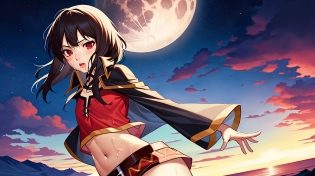 mdjrny-v4 style, masterpiece, best quality, detailed full portrait of girl, (megumin, black hair, small breast, bellybutton, short shirt, miniskirt), casting explosion, tiny body, dawn, detailed face, short socks, wet skin, full moon in background, starry sky, detailed face, best quality, realistic, by Vitaly Bulgarov, Maciej Kuciara, Jama Jurabaev, Sparth, Karla Ortiz