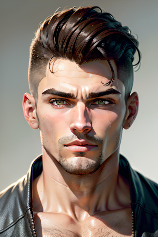 homem arafed de aproximadamente 21 anos de idade com cabelo espetado e(((dorso vestindo uma camiseta branca por baixo de uma jaqueta de couro leve e simples))), (((imagem frontal))), masculine jaw, short hair on top of his head, angular jawline, corte de cabelo moderno, sharp jaw, chiseled jaw, short hair on the sides of the head, curto nas laterais, slicked back hair, Prominent jaw, masculine jaw!, estilo hiper realista, laterais raspadas, corte de cabelo undercut, Front view, Personagem ansioso, rosto perfeito, Qualidade ultra realista, 8k, High definition, olhos perfeitos, boca perfeita, nariz perfeito, Rosto ultrarrealista, master part, image perfection, olhando para frente, imagem frontal