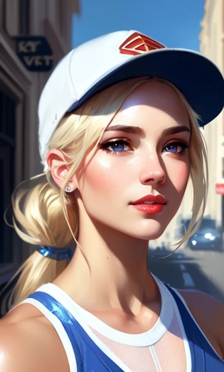 (extremely detailed CG unity 8k wallpaper) full body portrait of the most beautiful fitness girl in the world, (Extreme close up:1. 4), ((medium shot)), beautiful fitness girl walking downtown, (runway walk), ((walking)), ((tanned skin:1. 3)), (blush) long hair, (freckles:0. 75), detailed symmetrical face, (medium blonde hair:1. 2), (ponytail hair), ((blue eyes)), reflective eyes, (makeup), (red lipstick), (shiny lips), (white sclera), (strong jaw, prominent cheekbones, (sweat), detailed lighting, rim lighting, dramatic lighting, chiaroscuro, ((white sports bra)), (fitness watch), White sneakers, ((pleated skirt)), (blue plaid skirt), (thigh socks), ((snapback cap)), ((modern city street)), blue sky, white clouds, (muscles:1. 2), toned, (legs), thighs, (high angle:1. 4), (professional majestic impressionism oil painting by Waterhouse:0. 75), John Constable, Ed Blinkey, Atey Ghailan, by Jeremy Mann, Greg Manchess, Antonio Moro, trending on ArtStation, trending on CGSociety, Intricate, High Detail, dramatic, trending on artstation, trending on instagram