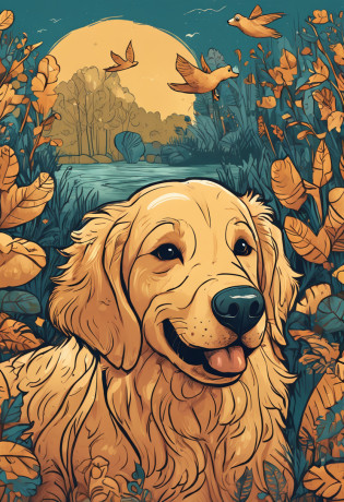 Golden Retriever junto com seus cinco filhotes, desenho, livro infantil