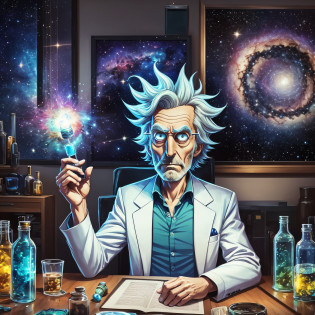 The print has a dark background, in a shade of deep navy blue, which represents outer space. At the center of the print is the character Rick Sanchez, a brilliant, somewhat eccentric and cynical scientist. Rick is in his classic laid-back posture, with a bottle of liquor in one hand and an interdimensional portal open behind him.

Rick is portrayed with his characteristic appearance: shaggy, spiky hair, furrowed brows, and a shrewd, defiant look. He's wearing his white scientist lab coat, which is a bit dirty and worn, displaying a carefree personality towards appearance.

Rick's facial expression is a mixture of sarcasm and genius, capturing his dismissive attitude and sharp intelligence. His blue eyes glow with an intense glow, reflecting his infinite curiosity and his ever-active mind.

Around Rick, there are a few elements that represent the series' frequent concepts and themes. For example, we see some jars of colored substances on a table next to him, which symbolize his scientific experiments and his incessant search for knowledge.

In the lower right corner of the print, there is the 