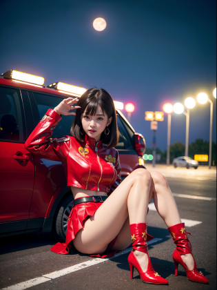 ultra-detailliert??masterpiece?top-quality??A high resolution?8K high image quality?Photogenic clarity?A detailed eye?gradients?perfect anatomy body proportions ,hard disk?nffsw , Nikon Z9 80mm Lens ?masutepiece?(((Japan Ladies Runaway Tribe?A special attack suit made of the finest leather material that is up to the bright red ankle?Special special attack suit with the highest quality embroidery)))?((Bright red mini tight skirt)))?Bright red exquisite enamel material high heels?White finest enamel belt?raise one leg?Opening legs?Sitting in the seat of a runaway car?Colorful and cool bikes?Looking at the camera?Half body shot?White lace material panties?Highway at night?Streetlights are lined up?Shine a light?The beautiful full moon colors the night sky?Stars in the night sky?Mob of spectators?Gallery of many fans?No panties?