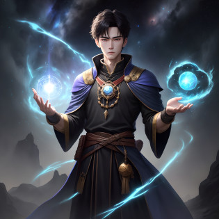 In a painting?I saw a male junior mage dressed in black?His costume resembles that of the Ancient One Mage in the Marvel movies?It gives a mysterious and solemn feeling?He is slender?Elegant posture?Stand in the cosmic starry sky?The senior junior mage raised his right hand?Flickering magic arrays gathered at the fingertips?It seems that a powerful spell is being unleashed?He had a handsome face?His eyes were deep and intently staring ahead?There is a hint of calmness and determination in the corners of the eyes?The whole picture presents a strong fantasy atmosphere?The light is soft and mysterious?