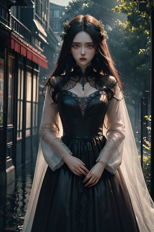 ((Masterpiece), exquisite details to the extreme, delicate and sad atmosphere, antique ghost bride, red eyes, extremely serious and fearful look, black wedding dress, floating in the atmosphere of slaughter, (standing alone in the rainy night, drizzling, tearing the nightmare and sorrow of the heart), beautiful atmosphere spreading, hurried through a chaotic mist, (film) the dark tones and deep themes of the lens, tears falling silently with raindrops.) )