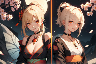 Masterpiece, Best quality, A high resolution, 1girll?(head portrait:1.5)?Headshot?Portrait photo, (standing on your feet:1.4)?Close-up shot?Blonde hair, Medium hair, Asymmetrical hair, Floating hair, hair between eye, High ponytail, side locks, hair adornments, fish hair ornament, nipple tassels, kanzashi, bangs, Orange eyes, Open mouth, Smile, teeth, Upper teeth only, choker necklace, Red necklace, pendant choker, butterfly choker, ??, tattoo,Half of your body is in the water?hot onsen? chest tattoo, flower tattoo, cleavage, Medium breasts, Thighs, Bandages, bandaged leg, Arashi, Budget Arashi, Chest sarashi, black sash, hadanugi dousa, houkisei, Japanese clothes, komono, Kinchaku, Obi, Obiage, obijime, orange kimono, pouch, print kimono, Cord, sash, shimenawa, Short kimono, Single bare shoulder, visions (Genshin Impact), east asian architecture, Cherry blossoms, Single glove, Single fingerless gloves, arms  cuffs, Sitting, Legs together,