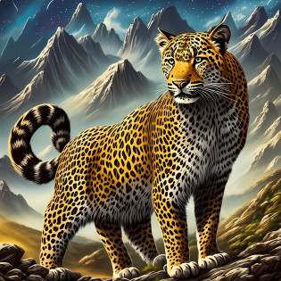 Chinese monster?Fierce?Felidae?Head long horns?Has five tails?It has a carapace?Game boss?ultra-realistic realism?Huge claws?Lurking crawling?Inky gold?Black Soul?Under the stars?above the mountains?Traditional Chinese culture ?Looks like a leopard?legends?Black gold?metalictexture?Fierce is a strange beast in ancient Chinese legends?There are beasts in the mountain of Zhanggu?Its shape resembles a red leopard?Five tails and one corner?It sounds like hitting a stone?Its name is hideous?From?Mountain and Sea Sutra, West Mountain Sutra?