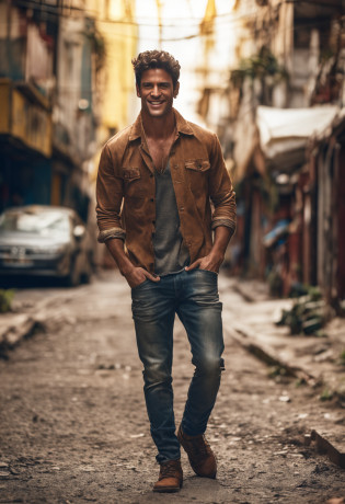 Cinematic soft lighting illuminates a beautiful Brazilian male model with stunning and ultra-realistic details?Foto de corpo inteiro da frente?olhar bonito?messy short brown hair?olhos claros de mel?Sorriso encantador perfeito?Criado sexy?Homem quente?insanamente bonito?That's the trend of ArtStation?Octane is the perfect tool to capture the softest details of this 16k photographic masterpiece?