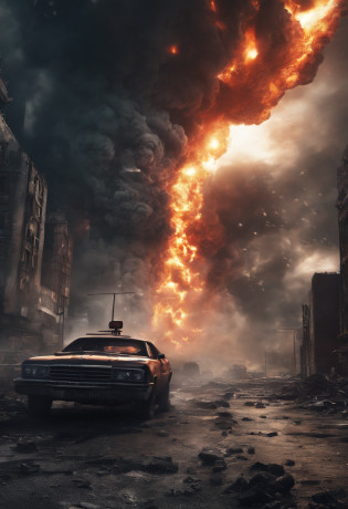 (Best quality,Ultra-detailed,Realistic:1.37),An asteroid that hit Earth,disrupt,Widespread destruction,smoke and fire,The shock wave ripples,crumbling buildings,Falling debris,Chaos and panic,surreal atmosphere,dusk lighting,Epic disaster,People fled in terror,apocalyptic scenery,General confusion,Ruined cityscape,Dark clouds loom,Explosions and flames,Huge impact crater,The ground shook,Molten rock,Flying debris,worst,Desperate survival,ominous skies,Abandoned streets,Crashed vehicle,Overwhelming sense of destruction,post-apocalyptic landscape,Heart-wrenching scene,Devastating consequences,city in ruins,Desolate wasteland,overcast sky,Despair and loss,Infrastructure is damaged,Amazing destruction,An unimaginable disaster,Bleak and grim,Scorching flame,Uncertain future.