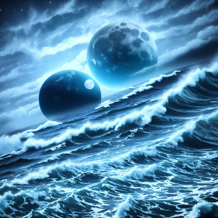 There is a big moon floating in the ocean, blue moon over stormy ocean, moonlit ocean, fantasy ocean landscape, night sea storm, big moon on the water, refracted moon on the ocean, turbulent sea of the end of the world, wild ocean storm at night, chaotic sea environment, alien planet covered in water, moon reflected in water