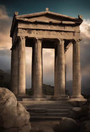 Create a book cover that conveys the magical and mysterious atmosphere of Greek mythology. The story takes place in a world where the Greek gods walk among mortals and where ancient myths intertwine with everyday life. Na capa, Highlight a stunning backdrop of an ancient Greek temple, partially shrouded in mist, on seashore, com o Monte Olimpo ao fundo, cercado por nuvens. em frente ao templo, insert an enigmatic figure, who can be a god or a heroine, wearing a classical Greek costume and holding a magical artifact. As cores predominantes devem ser azuis profundos e dourados, com toques de verde para representar a natureza exuberante. The title of the book should be displayed in elegant old letters at the top, enquanto o nome do autor aparece discretamente na parte inferior da capa. Make sure the cover conveys the sense of wonder and fascination that readers will find when delving into Greek mythology within the book.