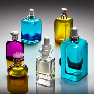 Generate a realistic image of multiple glass perfume bottles placed on top of a bathroom countertop. Ensure that the image is sharp and detailed, with realistic colors and appropriate shadows. Include elements such as bath towels, soaps, and other toiletries to create a complete bathroom ambiance. The image should be convincing and appear like an authentic photograph.
