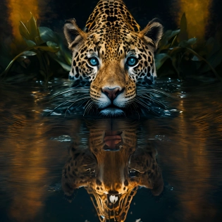 Best quality, ultra high resolution, official wallpaper, (realistic :1. 4), award winning portrait of a jaguar walking on water watching reflection, cinematic lighting, golden ratio, perfect composition, elegant, no crop, extremely detailed, 4k, sharp focus, masterpiece, CinemaHelper, PhotoHelper, backlight, HDR