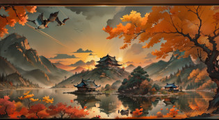 high high quality?Best quality at best?Realiy?Super realistic?super detailing?A high resolution?8K?Very realistic?tmasterpiece?intricately details?offcial art? RAW photogr? Incredibly Ridiculous res? (super wide shot), Holy light,????? cinmatic lighting?finedetail?Epic fantasy digital art style,Chinese feng shui painting?Stunning view in autumn?The whole scene is bathed in the setting sun?A warm golden glow renders the whole picture?At the highest point of the picture?(Detailed hallucinations of Chinese mythology, The illusion of detail in the Forbidden City in China)?A flock of flying geese flies in formation?Under the flying wild geese?This is a vast autumn sky?Azure and vast?Part of the sky is dyed warm red by the setting sun?Orange-yellow and dark purple?Form a cloud-like mass layer?It was as if there was a flame burning in the sky?The colors of the setting sun shine in the sky?Bloom like a gem?In the sunset?It is a soft orange-red band of light?Reflected on the lake?Blend in with the lake view?The lake is wide and calm?It's like a mirror?The reflection on the surface of the lake is blurry?Like an abstract painting of an ink landscape?The mountains in the distance are quiet?It seems to guard this idyllic autumn landscape?Quiet and remote feeling?The whole painting presents a spectacular sight?Showcase the power and beauty of nature?Colorful sunset?Lonely wild geese soaring freely against the backdrop of the lake?The work is full of natural vitality and vitality?Japanese style?eastern style