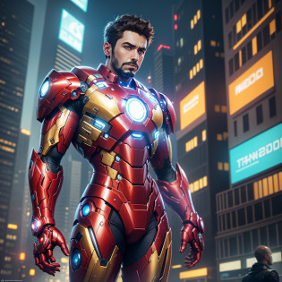 8k, size 16:9, realistic, highly detailed, a 30-year-old man, a man inspired by Iron Man using a brilliant Iron Man mechanism. Without the helmet, he dresses confidently, perfectly interpreting Iron Man's strength and charisma. In a cyberpunk-style night scene of the city, a man is themed around Iron Man cosplay. Wearing a shiny Iron Man mechanism, he stands on a street lined with tall buildings. The city's night lights are bright, reflecting in her short hair, adding a sense of future technology. The surrounding buildings and streets are filled with cyberpunk elements such as neon lights, high-tech devices, and futuristic architectural designs. The whole scene is full of futuristic and sci-fi atmosphere. This high-definition, high-quality image will provide you with stunning visual pleasure, a perfect combination of sensual, futuristic and sci-fi elements. OC rendering, dramatic lighting, award-winning quality --auto --s2