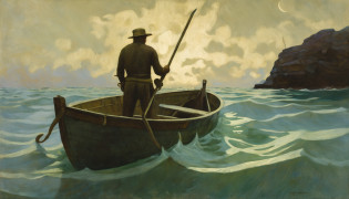 Painting of two men in a boat with octopus tentacles, NC Wyeth pintura, NC Wyeth, por N. C. Wyeth, por N.C. Wyeth, O Kraken, Lula de Cthulhu, fenda, arte lovecraft, inspirado em N.C. Wyeth, inspirado em N. C. Wyeth, por lovecraft, Cthulhu subindo do oceano