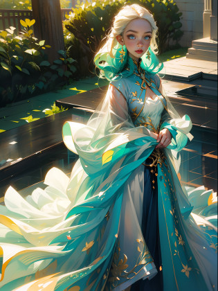 ultra detail high quality animerealistic single woman,young female?Slender appearance,Haute Couture Dresses?Body layered with light silk?See-through overskirt with multiple layers of panniers over the panniers?Chiffon fabric that spreads refreshingly in the summer sunlight