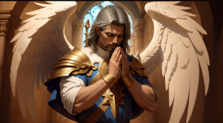 There is a man with wings on his back praying, arcanjo, Arcanjo Miguel, saint michael the angel, angels protecting a praying man, anjo protegendo o homem, angelic, Graphic artist Magali Villeneuve, biblical accurate angel, Devianart e CGsociety, Artgerm e Craig Mullins, Pintado por Andreas Rocha, Paladino Santo, arte de fantasia de alta qualidade, Biblical setting, velas ao fundo, asas brancas, asas grandes, cabelos brancos, Painting of an angel man with a sword and wings flying in the sky, Arcanjo Miguel, saint michael the angel, arcanjo, anjo, cheio de pinturas de anjos, angelic, biblical accurate angel, anjo biblicamente acuado, angelic, Anjo majestoso de corpo inteiro, anjo super largo, Miguel Anjo, de anjo lindo, catholic religious art, angel spirit guide