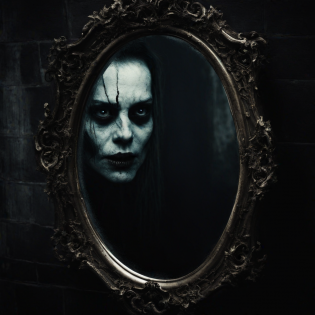 scary dark mirror, looking at mirror, eerie, creepy