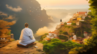 Monge Arafed sentado em uma rocha com vista para uma cidade e um rio, monge meditar, Monge budista meditando, orar meditando, hindu stages of meditation, Meditando, holy man looking down at the ground, Monge budista, Zen Meditation, meditation, budismo, monge, imagem de alta qualidade, papel de parede hd, Meditating in lotus position, roupas de monge, pintura fosca da mente humana