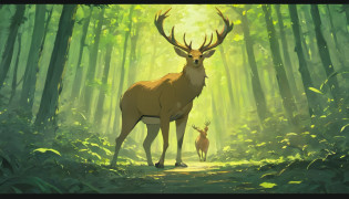 A afraid deer run in forest, hudge fire in forest, forest burned out, running every where all afraid animals, elephant, deer, jackle, lion, tiger, Birds, parrot, crow, peacock, hud hud bird, dark cloudy environment, morden anime style