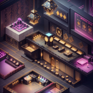 Isometric game art, detailed game art, detailed game art illustration, isometric 8K, game graphics, isometric 3D rendering, (luxurious casino interior scene: 1.5), black and gold, some floral decoration and a little cyberpunk element (less than 10%), neon lights, crystal chandeliers, mood lights, led screen, video game screenshots