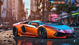 Um close up de um carro Lamborghini estacionado em uma rua da cidade, wallpaper mobile, cinematic poster, papel de parede do telefone, como matriz, cartaz motivacional,cor preta lamborghini carro,  money raining from the sky,cinematic wallpaper 4k, cinematic 4k wallpaper, Matriz LUT, poster!!!, GTA V Estilo Poster, fotografia automotiva, cinematic matte illustration, matte digital illustration, paper awesome wallpaper, cartaz de filme de pintura fosca, gta arte da tela de carregamento, wallpaper mobile