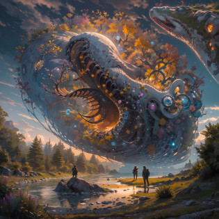 Monstruo gigante mirando hacia abjao en un paisaje de otro mundo,Gigante echo de fractales, Fractal infinito,fractal de Mandelbrot, divino, Figura imponente humanoide, masivo,escala masiba, mirando hacia abajo, de pie, inmenso, apocalyptic, colorido, iridiscente, obra maestra, 4k-resolution, detalles intrincados, dios,divino,ente superios echo de fractales,figuara imposible,geometria unica,