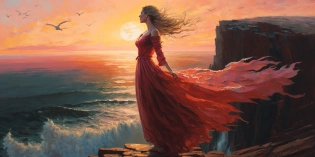 A woman in a flowing red dress standing on a cliff overlooking the ocean, with the setting sun casting a warm glow on the scene. The dress billows in the breeze, and the woman has her arms outstretched as if embracing the beauty before her. The sky is a mix of oranges and pinks, and there are seagulls flying in the distance. --ar 2:1 --c 80 --s 500 --q 5 --v 4