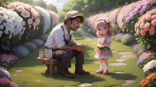 Anime picture of a middle-aged gardener talking to a cute little girl among flowers, large garden with very beautiful flowers of various kinds around them, numerous flowers, large garden crowded with flowers, many many flowers, various flowers of varying colours and sizes, flowers background, sea of flowers, flower bed, big flowers, small flowers, colourful, plenty flowers