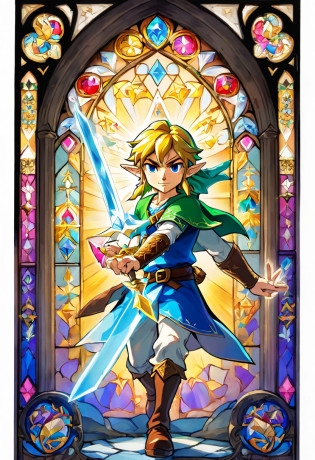 Hero of light, portrait shot, holding a shimmering sword into air, stained glass portrait, extremely detailed, absurdes